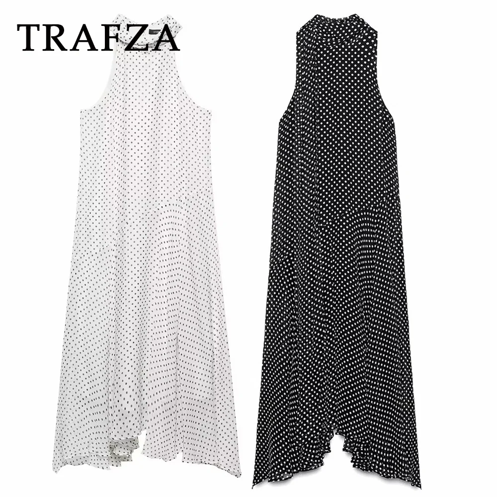

TRAFZA Elegant Dot Woman Dresses Neck-mounted Sleeveless Fashion 2025 Summer Holiday Bow Draped Dress Chic Casual Vestidos