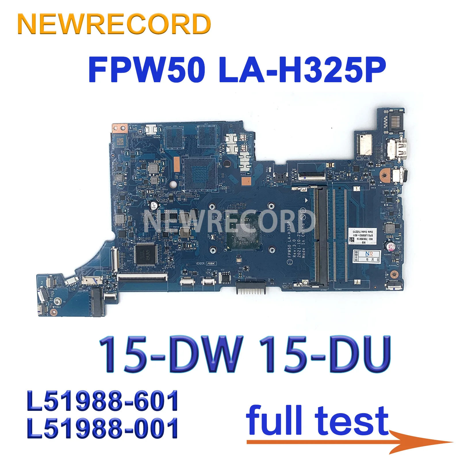 

For HP PAVILION 15-DW 15-DU Laptop Motherboard L51988-601 L51988-001 FPW50 LA-H325P With N5000 CPU DDR4