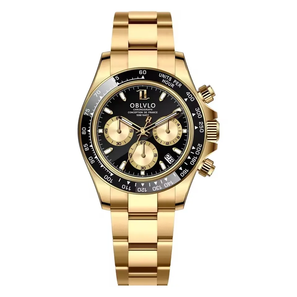 

OBLVLO Men Chronograph Watch 40mm Classic Quartz Wristwatch 5ATM Waterproof Sapphire Luminous Triple Windows