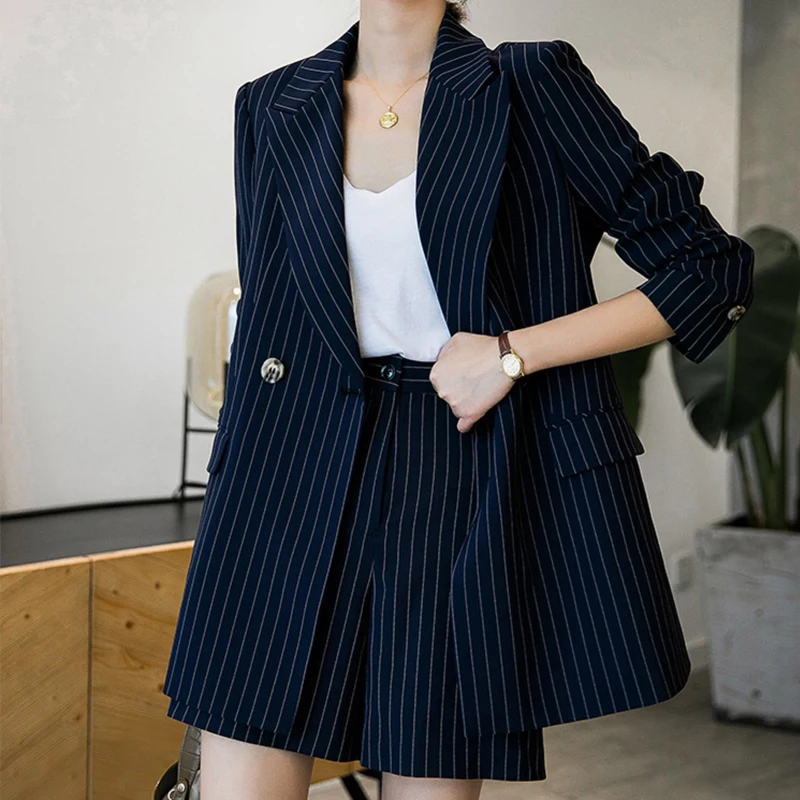 New 2024 Spring Blazer For Women 2 Piece Set Korean Fashion Design Casual Striped Coat And Shorts Sets Women Outwears Hot Sale