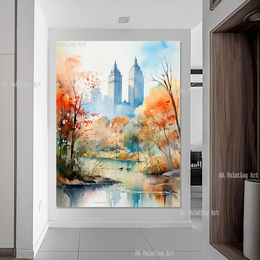 City Park Autumn Scenery Picture On Canvas Large Knife Trees Art Huge High Buildings Oil Painting For Wall Decoration