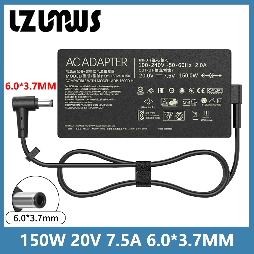 20V 7.5A 150W 6.0*3.7mm Charger AC Notebook Laptop Adapter For ASUS Rog FX95D VX60G TUF Gaming A15 FX506lu FX705G FX86FE T9750
