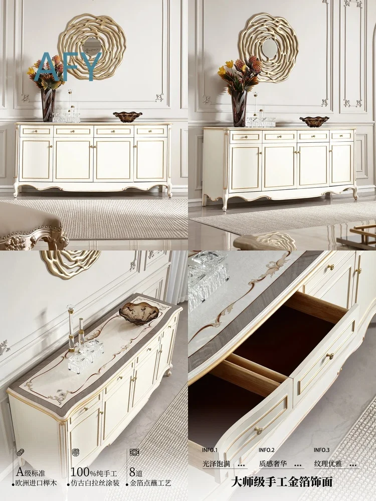 French Light Luxury Gold Foil Solid Wood Storage Cabinet for Dining Room Sideboard European Villa Large Flat Art Decor Home