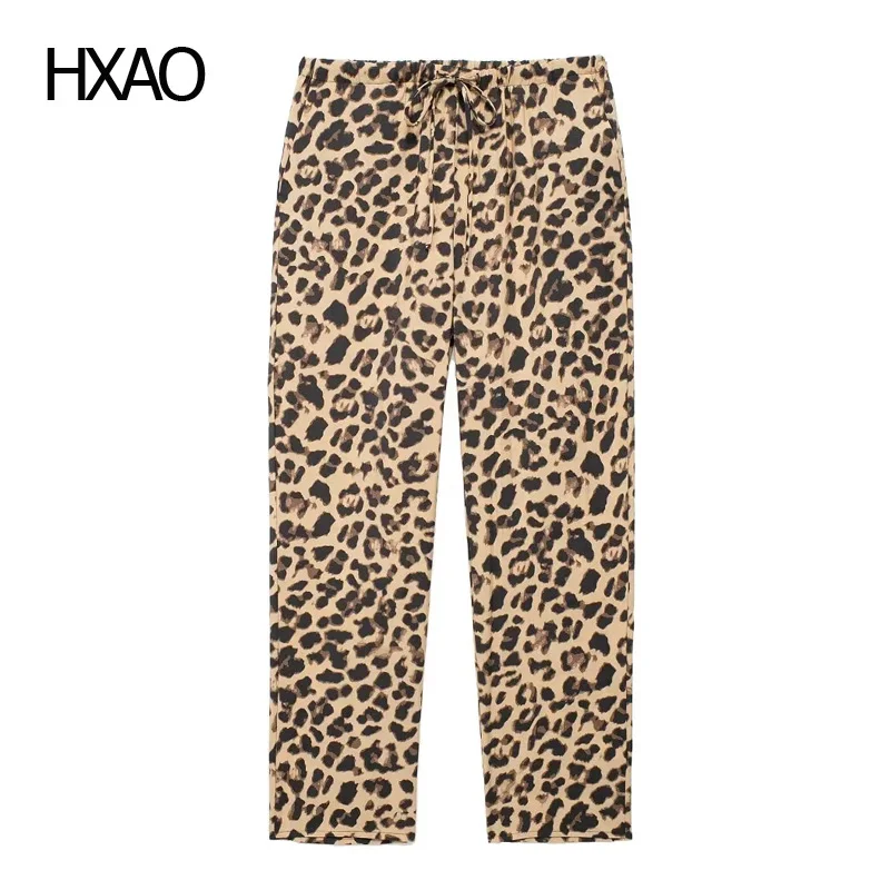 

Женские прямые брюки HXAO с леопардовым принтом, летние брюки с низкой талией, Женская шикарная уличная одежда, повседневные Широкие штаны на шнуровке, 2024