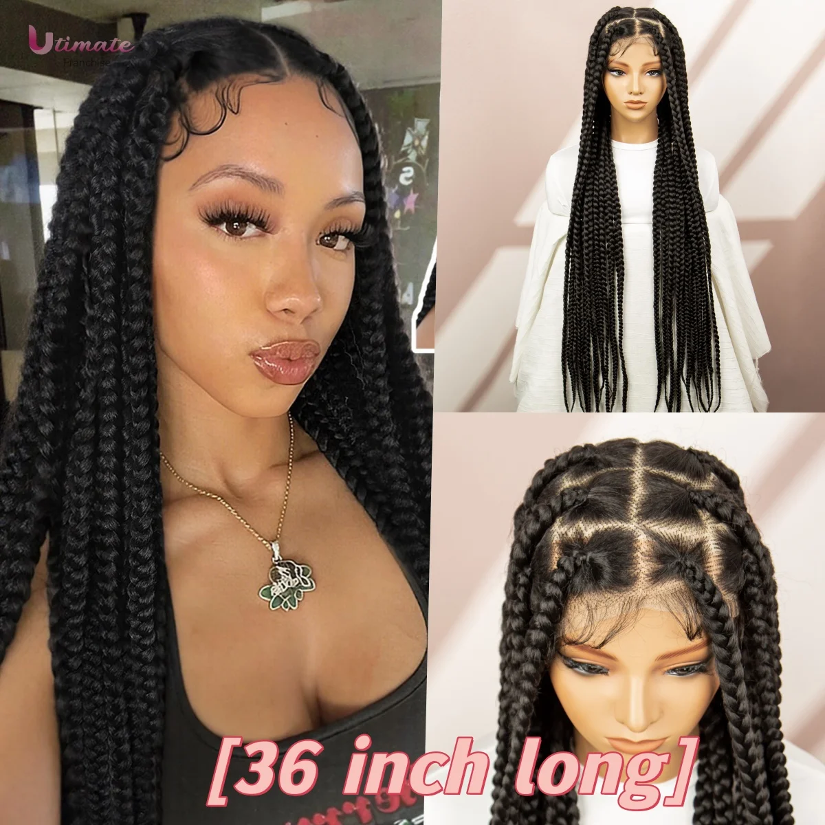 

36inch Jumbo Box Jumbo Braided Wig Synthetic for Black Women Full Lace Wig with Baby Hair Box Braids wig for Black Women