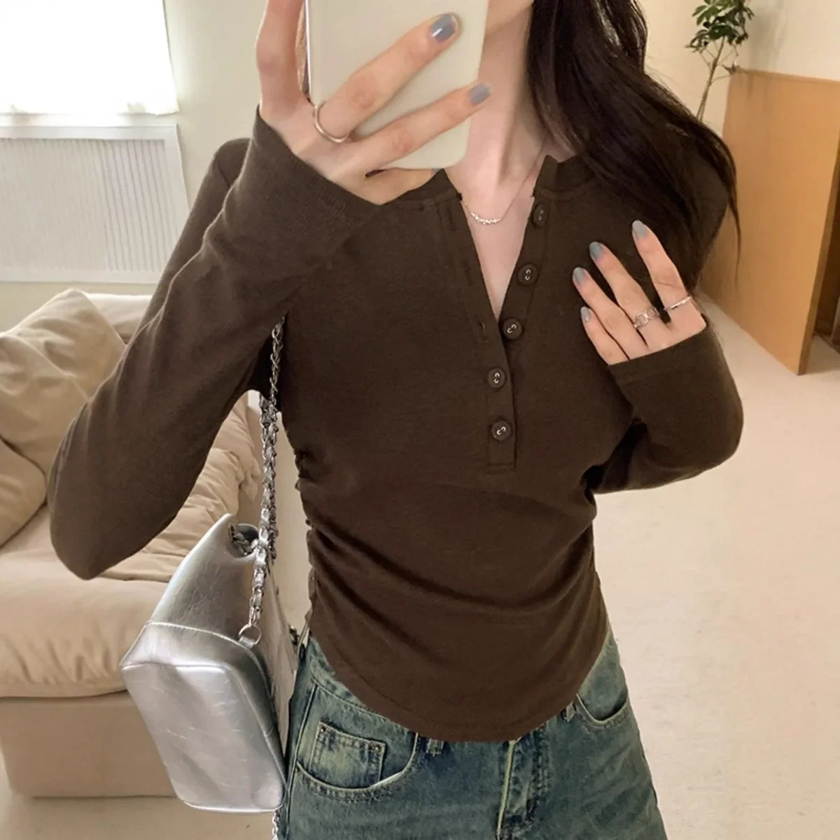 

Fit Waist Cinching Slimming Inner Wear Top Plus Size Women's Long Sleeve Knitted Base Shirt Half Open Collar Slim