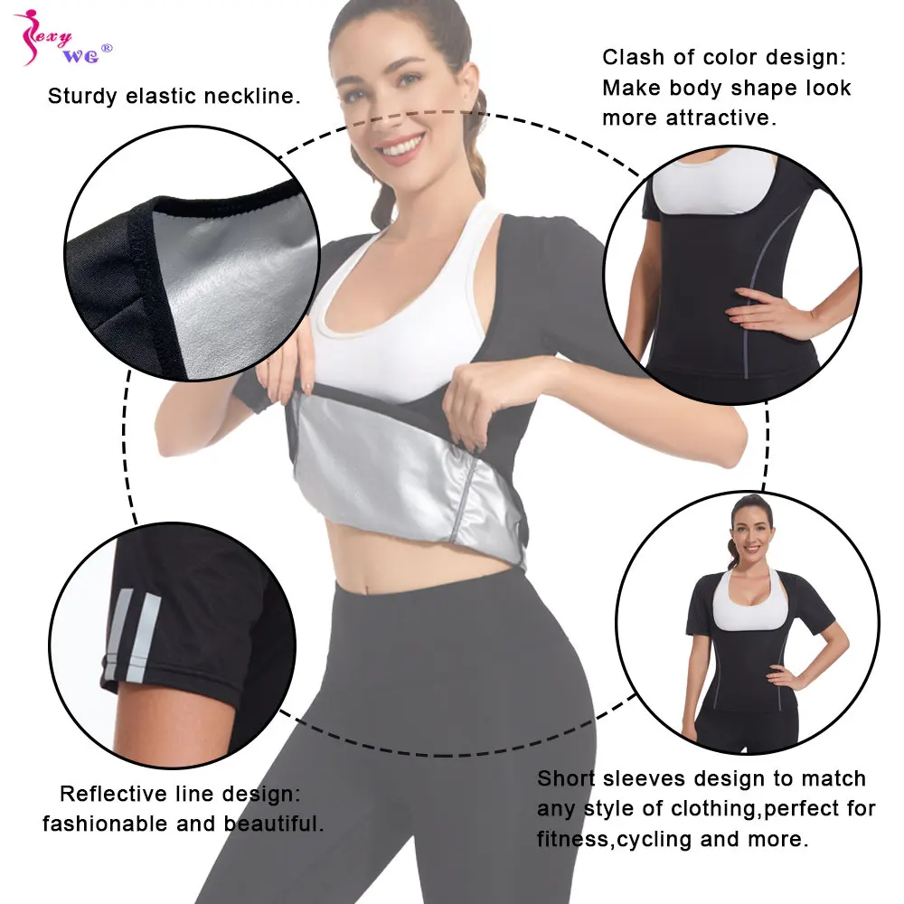 SEXYWG Sauna Top for Women Hot Sweat Sportwear Weight Loss Shirt Fitness Short Sleeve Ladies Body Shaper Fat Burner Workout Gym