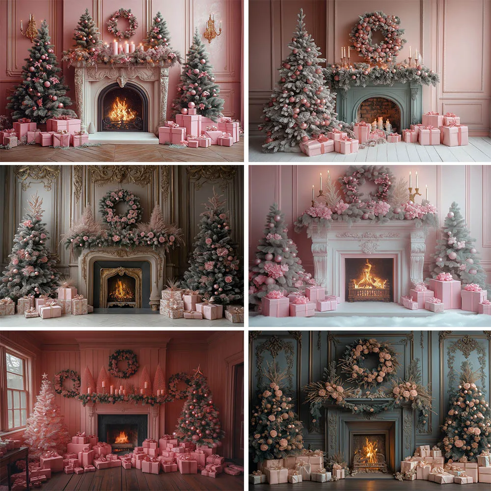 

Mocsicka Christmas Photography Background Pink Vintage Wall Fireplace Xmas Tree Gift Boxes Family Portrait Photo Backdrops Props