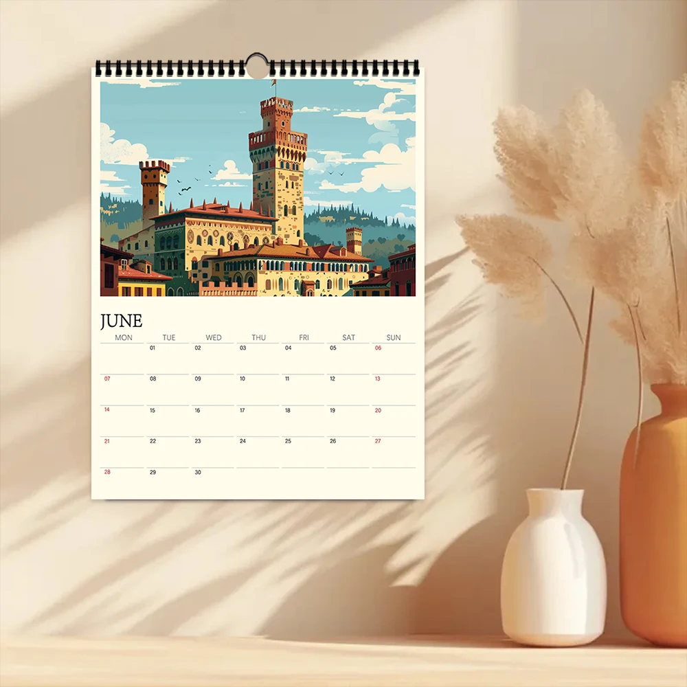1 pezzo, 2026, edifici di riferimento di fama mondiale, 12 disegni distinti, calendario da parete, compleanno, Natale, regalo di Capodanno