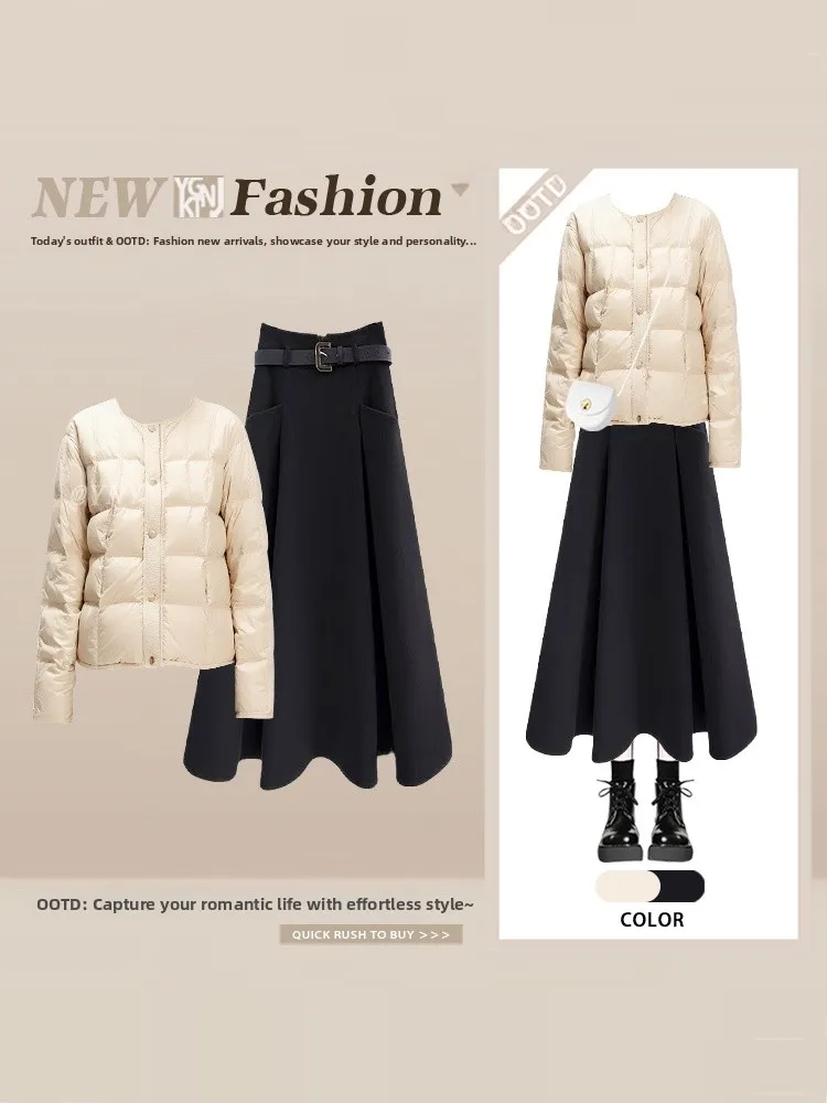 

Korean Sle round Ne Cotton Jaet Skirt Set Women's Autumn Winter Lightweight Maturi Two-Piece Set Ele Aosphere