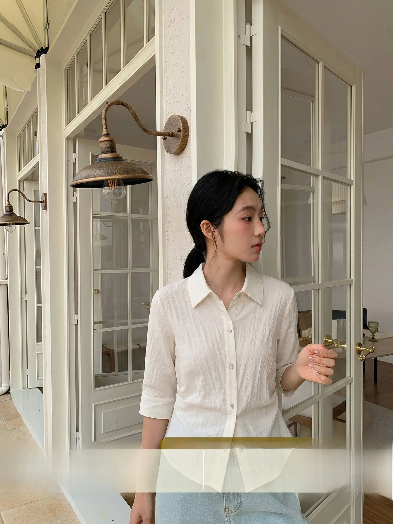 

Elegant Creamsu Women's Shirt with Waist-Cinching Design And Mid-Sleeves in Apricot Color for Commuting And Slimming Effect