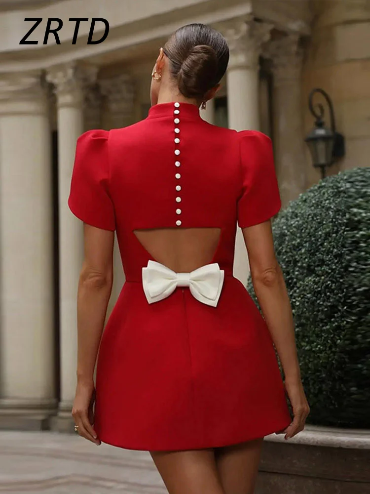 Elegant Bow Hollow Out Mini Dress Women Fashion O-neck Short Puff Sleeve Female Patchwork Dresses 2024 New Lady Party Vestidos
