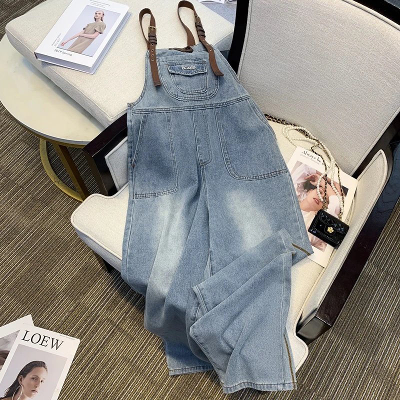

American Retro Washed Denim Overalls Women Spring Autumn Loose Casual Wide Leg Jumpsuits Female Straight Suspender Strap Jeans