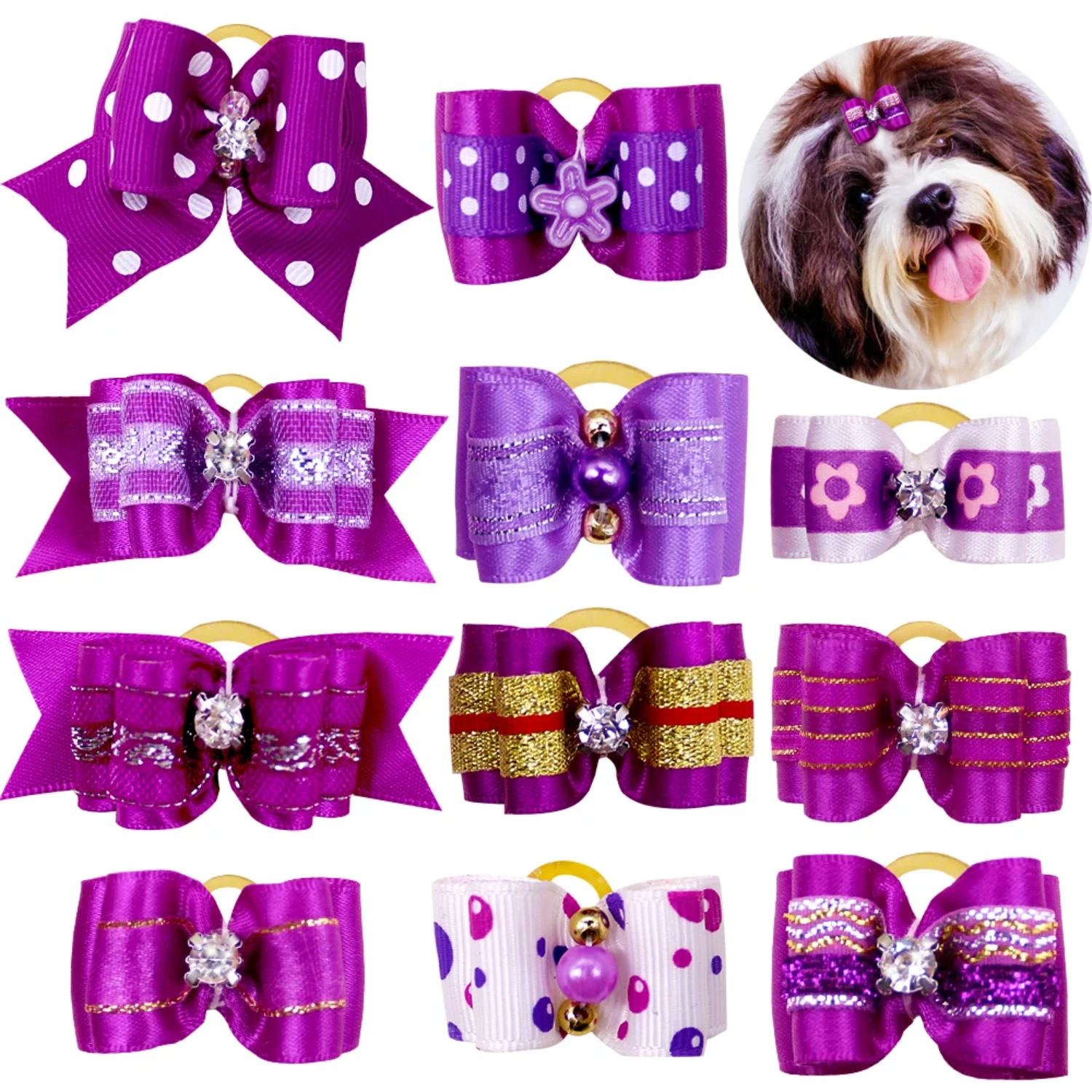 Premium Quality Elegant Set of 20 Adorable, Cute, and Lovely Pet Dog Hair Bows with Rhinestone Flowers - Ribbon Bows for Dog Hai