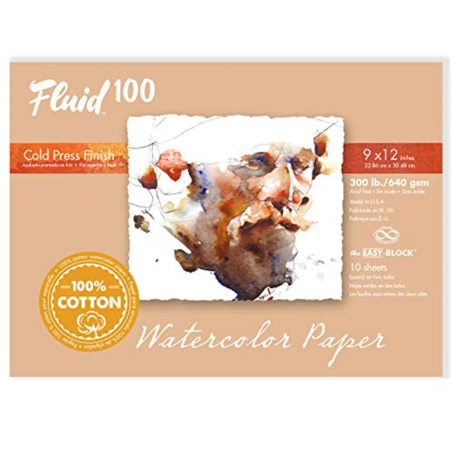 

Блок бумаги для акварели Fluid 100, 12 x 16 дюймов, 10 листов, 300 фунтов, 640 GSM, 100% хлопок, холодного прессования, для художников, для рисования и работы с влажной бумагой