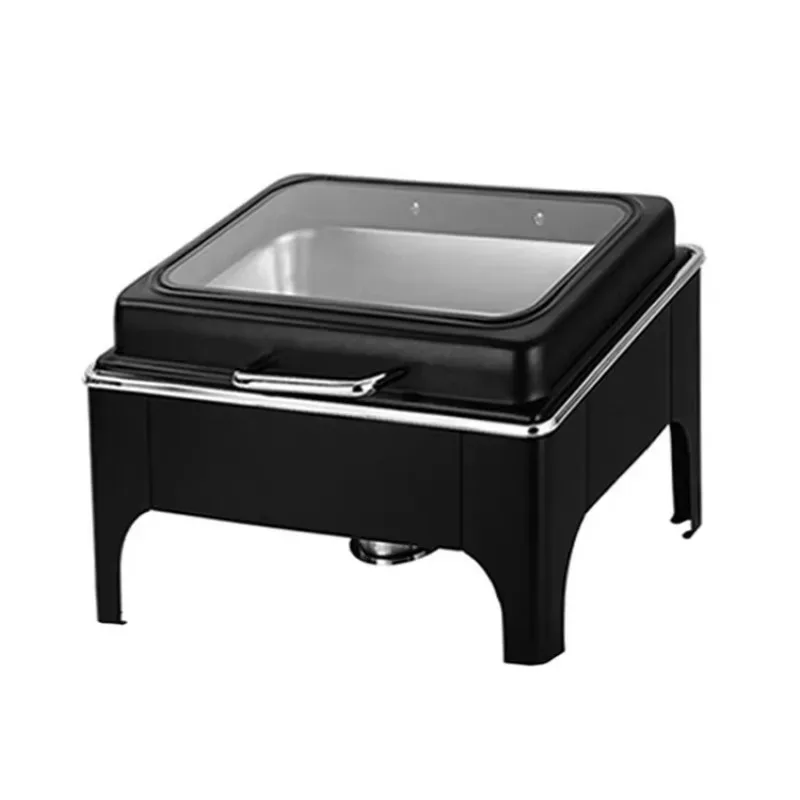 Commercial Stainless Steel 9L Square Black Chafing Dish Buffet Food Warmer With Glass Lid And Hydraulic Hinge