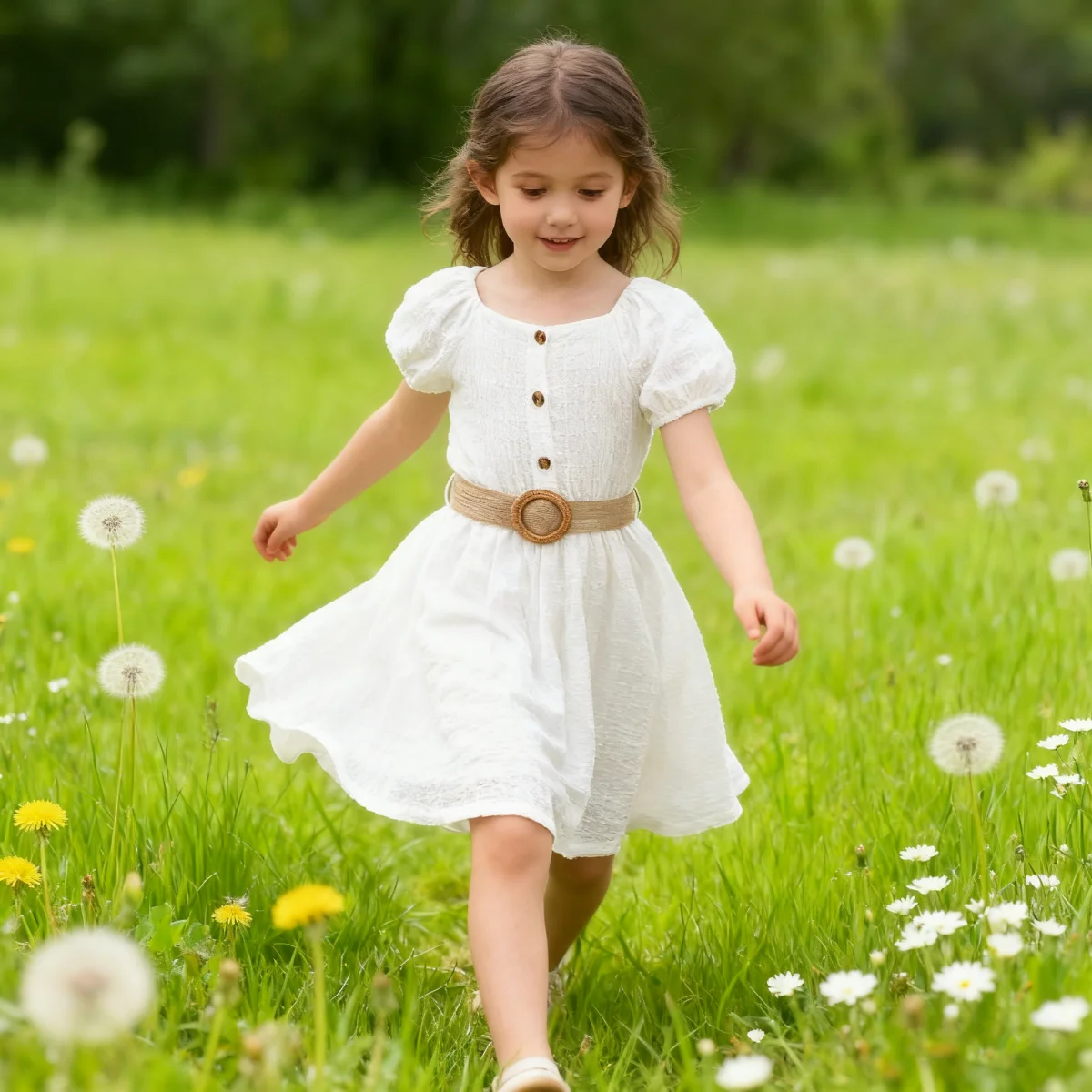 Child Girl Summer Princess Dress Short Sleeved Plain Color Skirt with Belt Banquet Party Daily Clothing for Kids Girl 8-12 Years