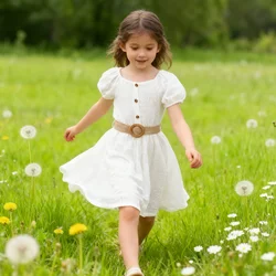 Child Girl Summer Princess Dress Short Sleeved Plain Color Skirt with Belt Banquet Party Daily Clothing for Kids Girl 8-12 Years