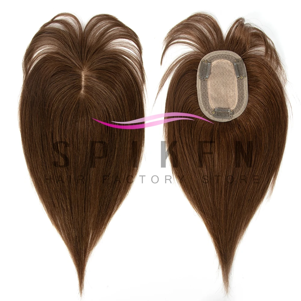 Natural Brown Human Hair Topper Hairpiece with Bangs 8x12cm Breathable Hair Base Hair Topper Extensions Available 8''-14''