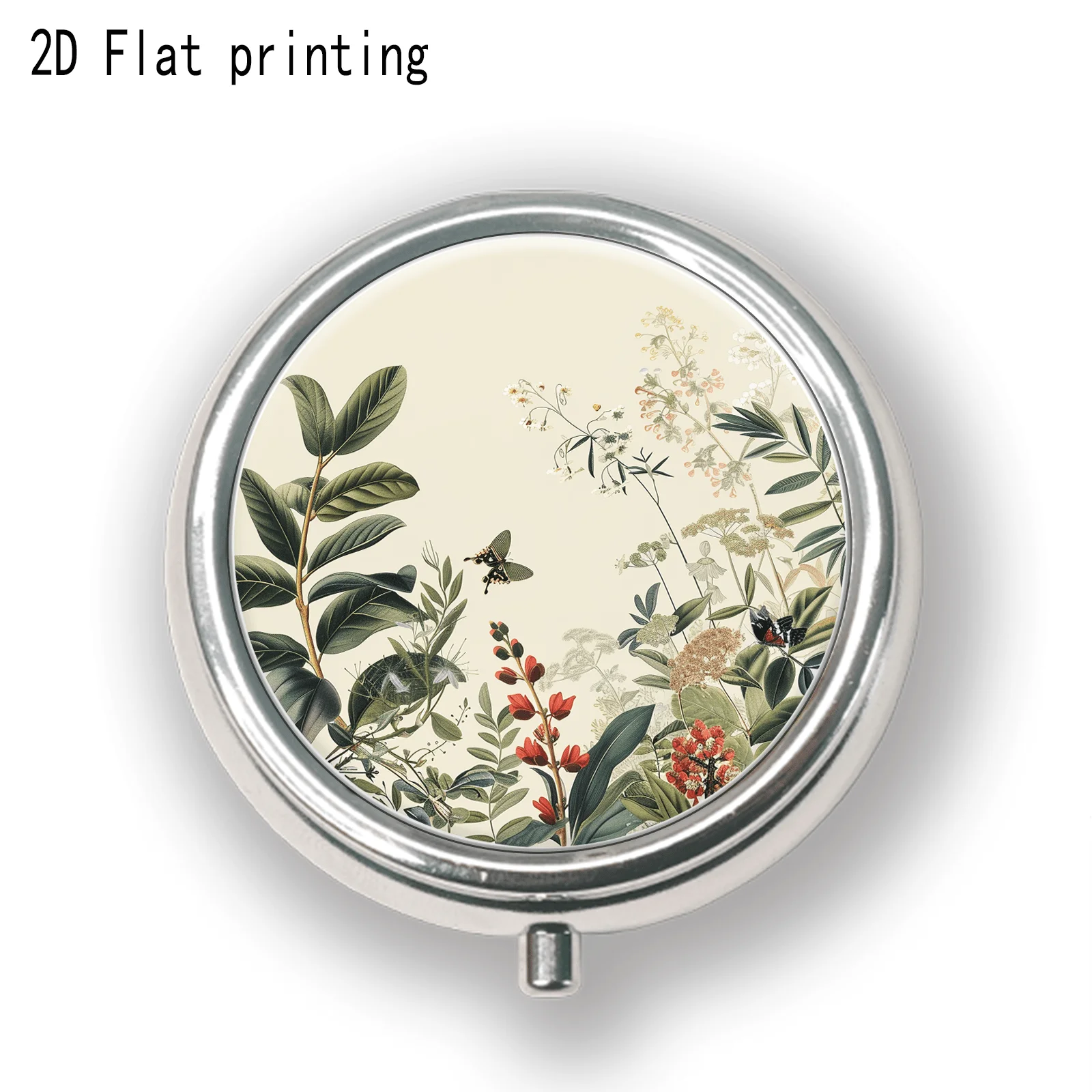Vintage Plant and Butterfly Circular Illustration Pattern, Round Three-Compartment Small Medicine Box, Portable Medicine Storage, Small Jewelry Storage, Suitable for Handbags or Travel, Holiday Gifts, Souvenirs, Prizes, Small Gifts, Suitable for Personal Use or as an Exquisite Gift Option view 3