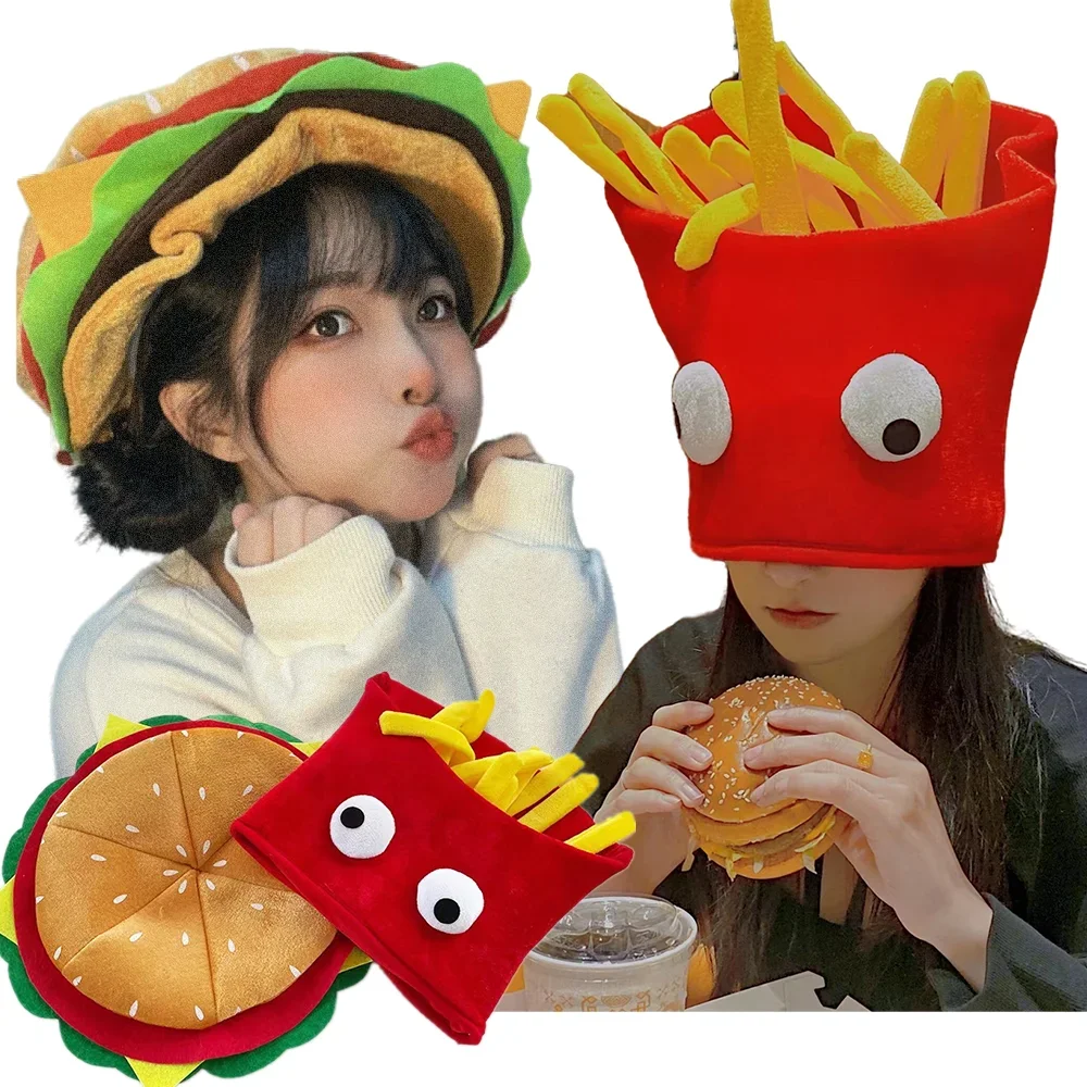 

2025 Chapeaux de hamburger et de frites amusants pour femmes et hommes, dessin animé pour adultes, garde au chaud, jouets en