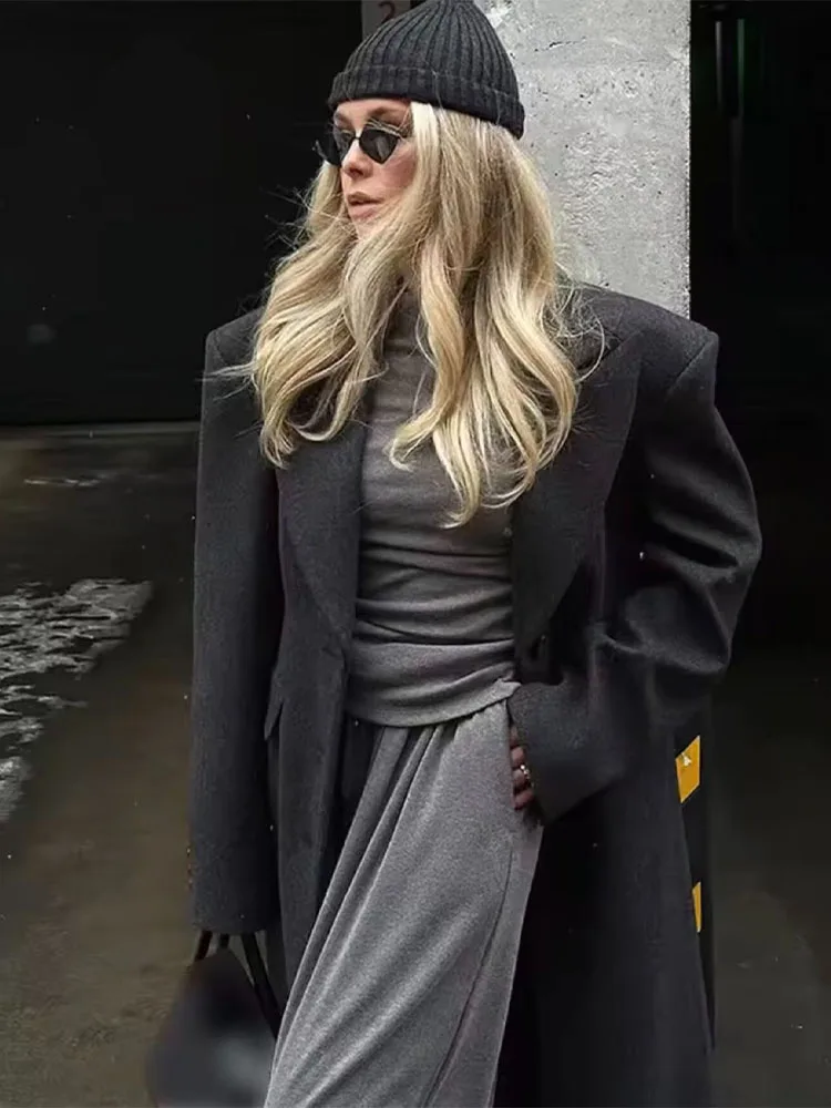 HH 2026 Woman New Fashion Long Sleeves Lapel Three Button Decoration Solid Color Long Coat Female Commuting Street Style Coat