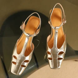 Large size 34-41 women's genuine leather gold silver hollow-out summer t-strap sandals square toe slingback elegant flats shoes