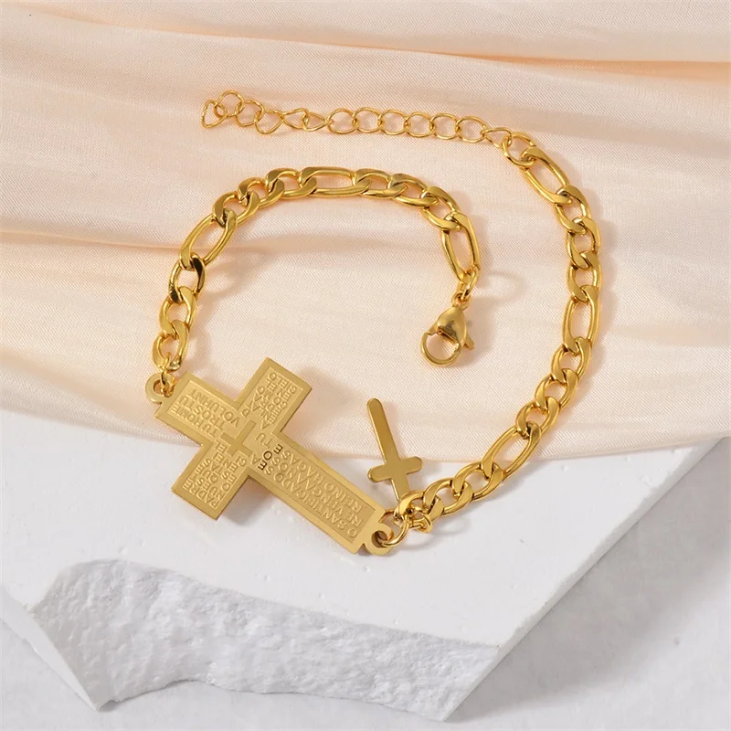 

GANPUP 316L Stainless Steel Statement Cross Charms Bracelet Bangle Gold Color Jewelry Trendy Metal Texture Accessories for Women
