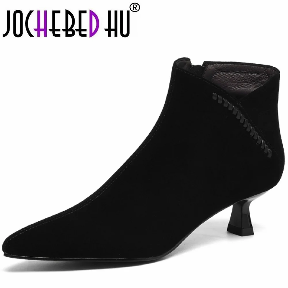 

【JOCHEBED HU】Vintage Handmade Genuine Leather Pointed Toe Ankle Boot Elegant Autumn Winter Ladies Concise Mid Heels Shoe 34-40
