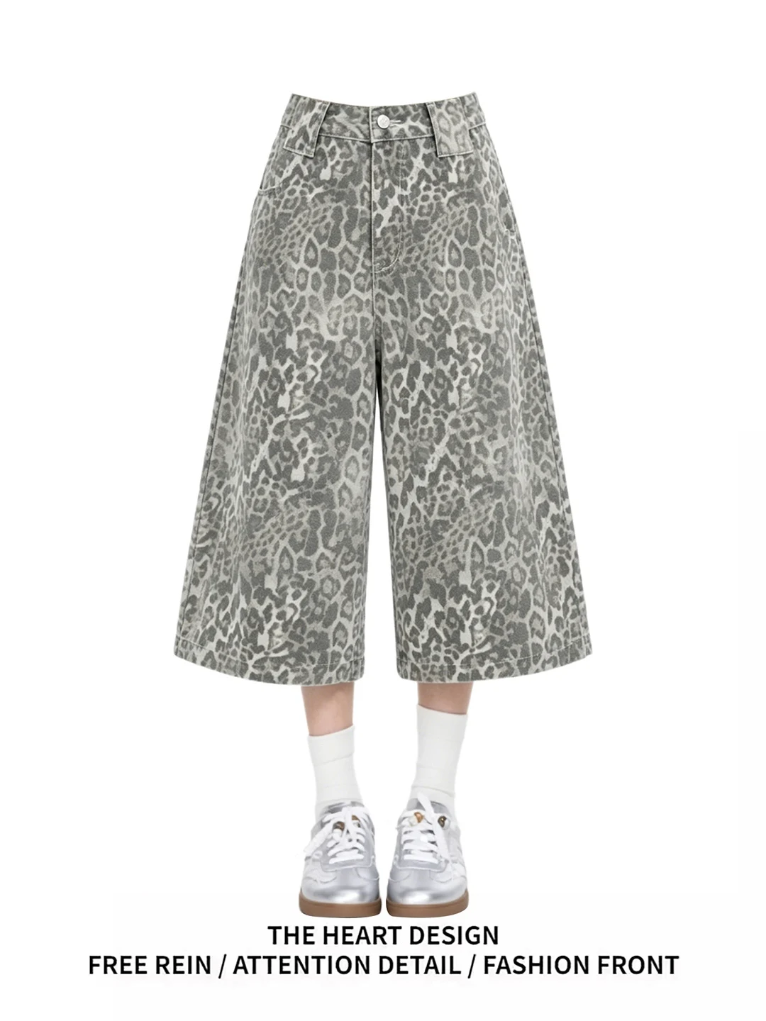 

Retro American Fashion Leopard Print Denim Seven-Foot Pants Summer New High Waist Loose Slim Wide Leg Short Pants