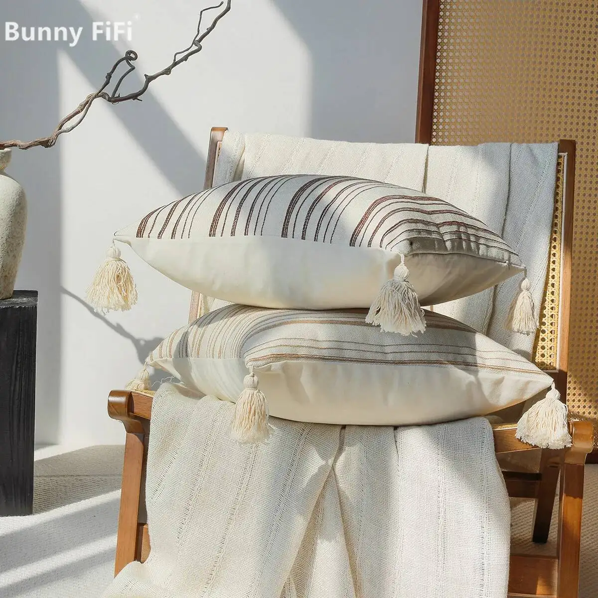 Boho Soft & Cozy Throw Pillow Covers Striped Square Neutral Cushion Covers With Tassels Farmhouse Couch Pillow Case For Sofa Bed