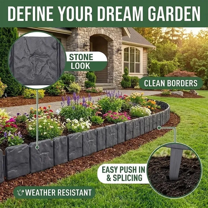 Stone Garden Fence DIY Garden Edging Border Durable Simulated Stone Garden Fence Stones Landscape Edging for Panels Path Lawn