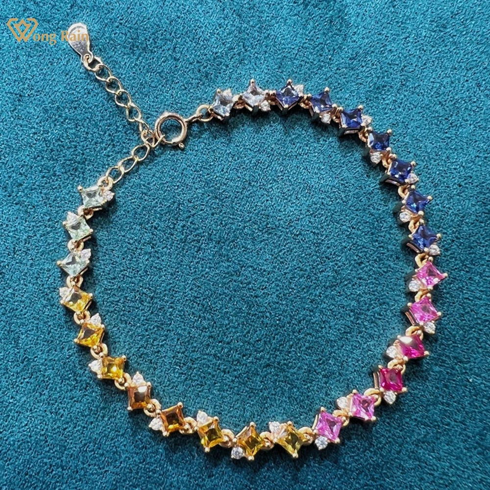 

Wong Rain 100% стерлингового серебра 925 пробы лабораторный сапфир драгоценный камень красочные браслеты ювелирные изделия для женщин подарки 15 + 3 см оптовая продажа