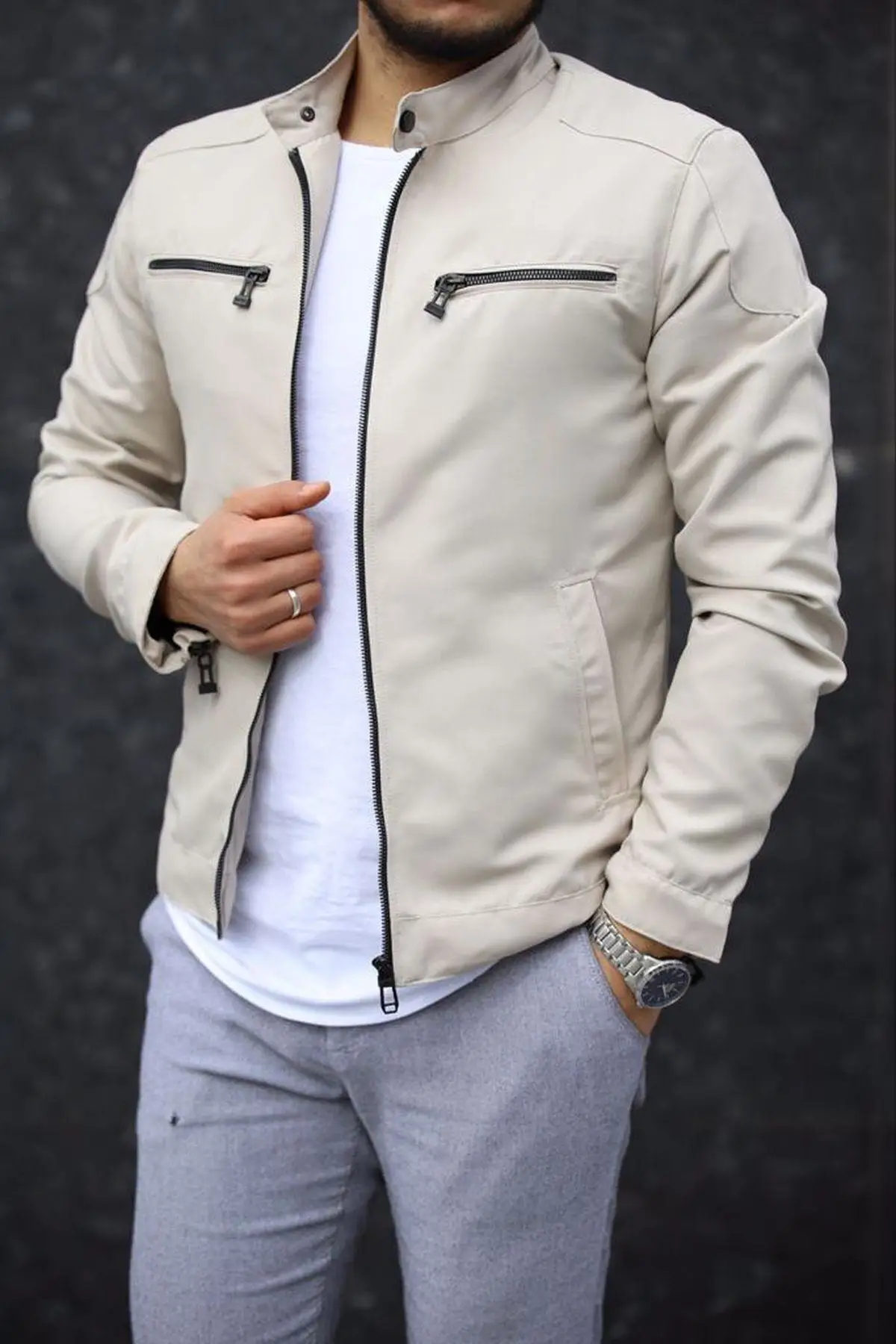 Male Beige Color Zipper Detail Spring Jacket