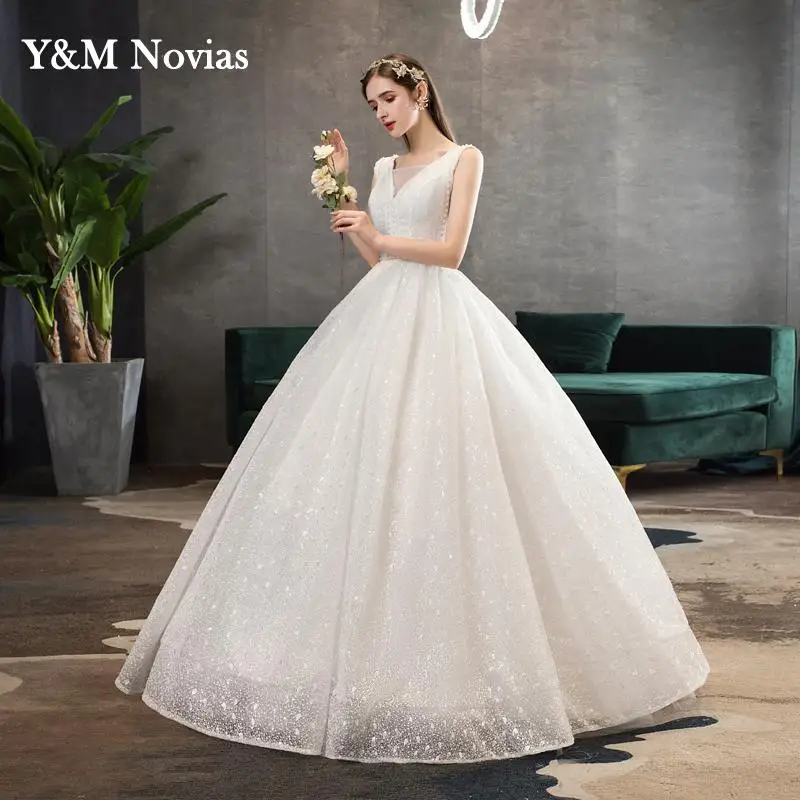 Y & m-vestido de novia con cuentas de perlas, elegante vestido de novia con purpurina hecho a medida, largo, sin mangas, de princesa, para baile