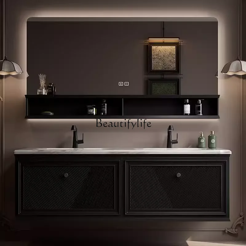 

Oak bathroom cabinet integrated basin washstand French retro bathroom basin cabinet combination
