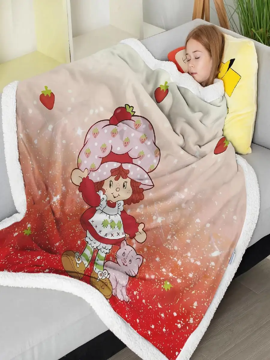 Cartoon Strawberry Shortcake Plush Blanket for Girls  Soft Furry Printed Nap Throw Cute Winter Gift for Kids