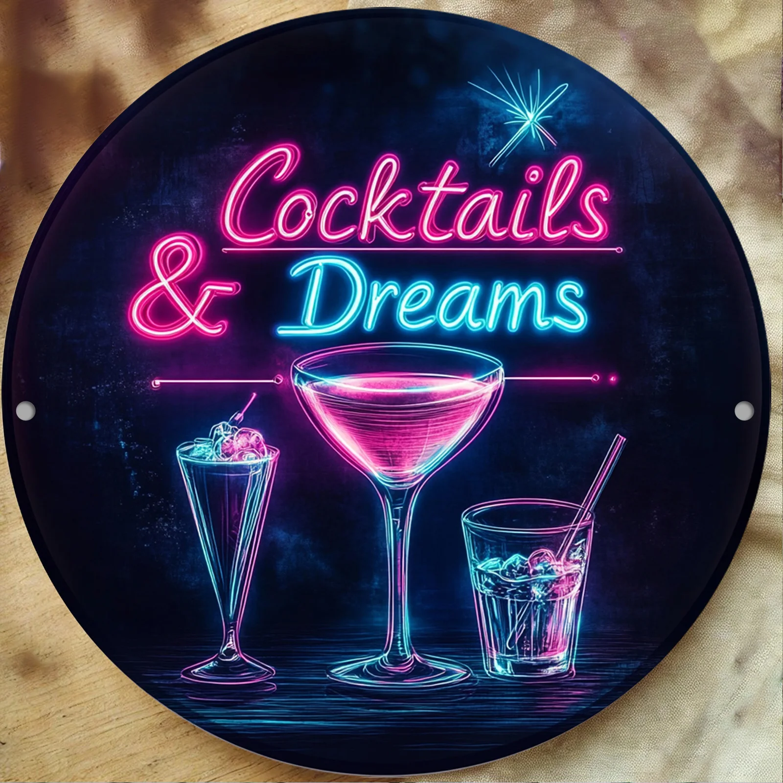 2D Retro Neon Cocktail Dream Wall Art-High-Definition Print,Easy to Hang Plastic Sign, Suitable for Home,Café,Outdoor Decoration