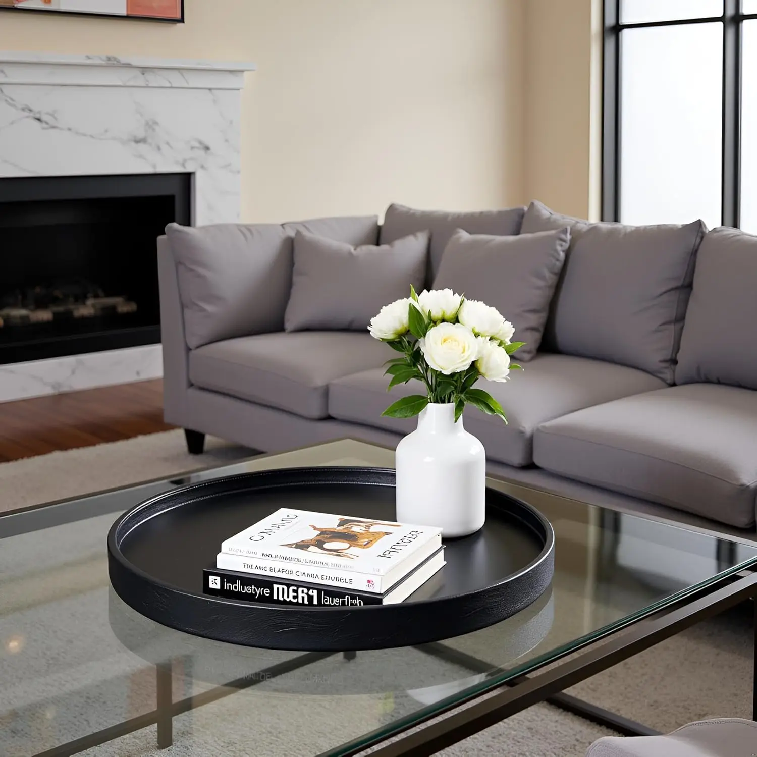 

Luxury Leather Round Oversized Service Tray, Ottoman & Coffee Tray 20x20 inches - Black