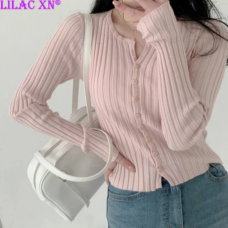 Y2K Korean Popular Pink Button Slim T-shirt for Women Fashion Short Cardigan Knitwears Cute Sweet Long Sleeve Crop Top Tees