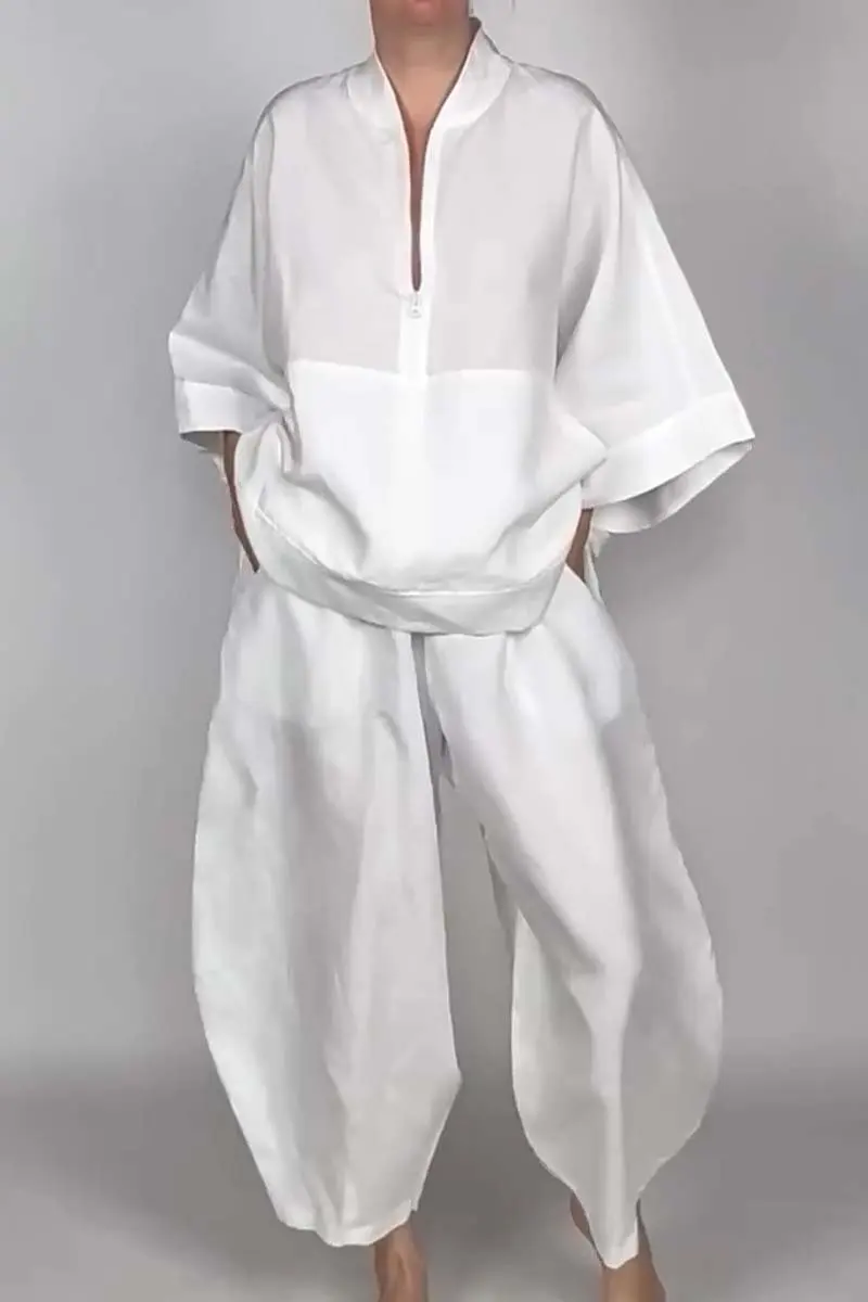 

Elegant Pocket Solid Sets 2024 Spring autumn V-neck Half Zipper Pullover & Long Pants Suits ​​Women Casual Loose 2Pc Outfits