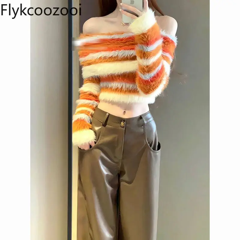 

American Hot Girl One Shoulder Contrast Color Striped Sweater Women's Autumn and Winter Sexy Soft Waxy Pullover
