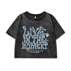 Womens Cotton Crop Washed T-Shirts Live In The Moment Letter Prints Short Sleeve O-Neck Distressed Oversize Tops Female Clothes