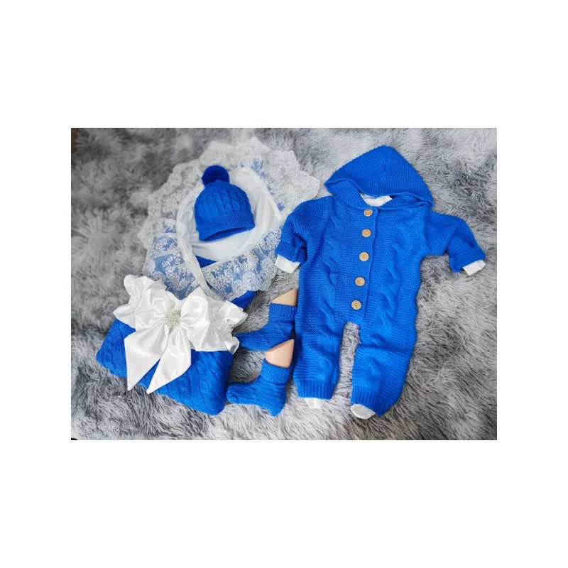 Baby Knitted Baby Clothing Set，Comfortable and warm jumpsuit with hood，Pom-pom hat and lace swaddle，Multifunctional winter cloth