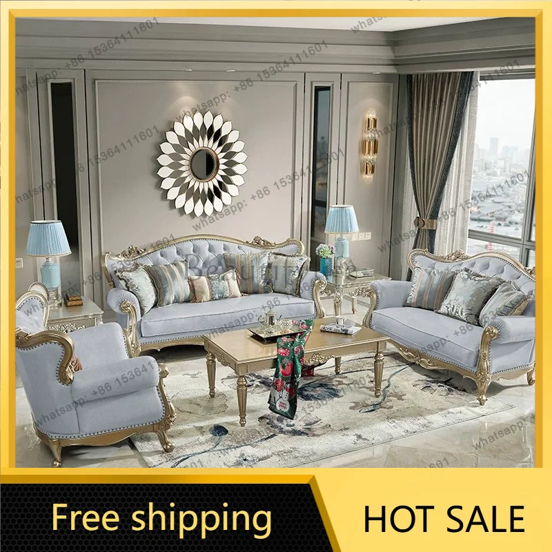 LJY European Combination Sofa Living Room American Light Luxury Sofa Top Layer Cowhide for Contact Surfaces Solid Wood Furniture