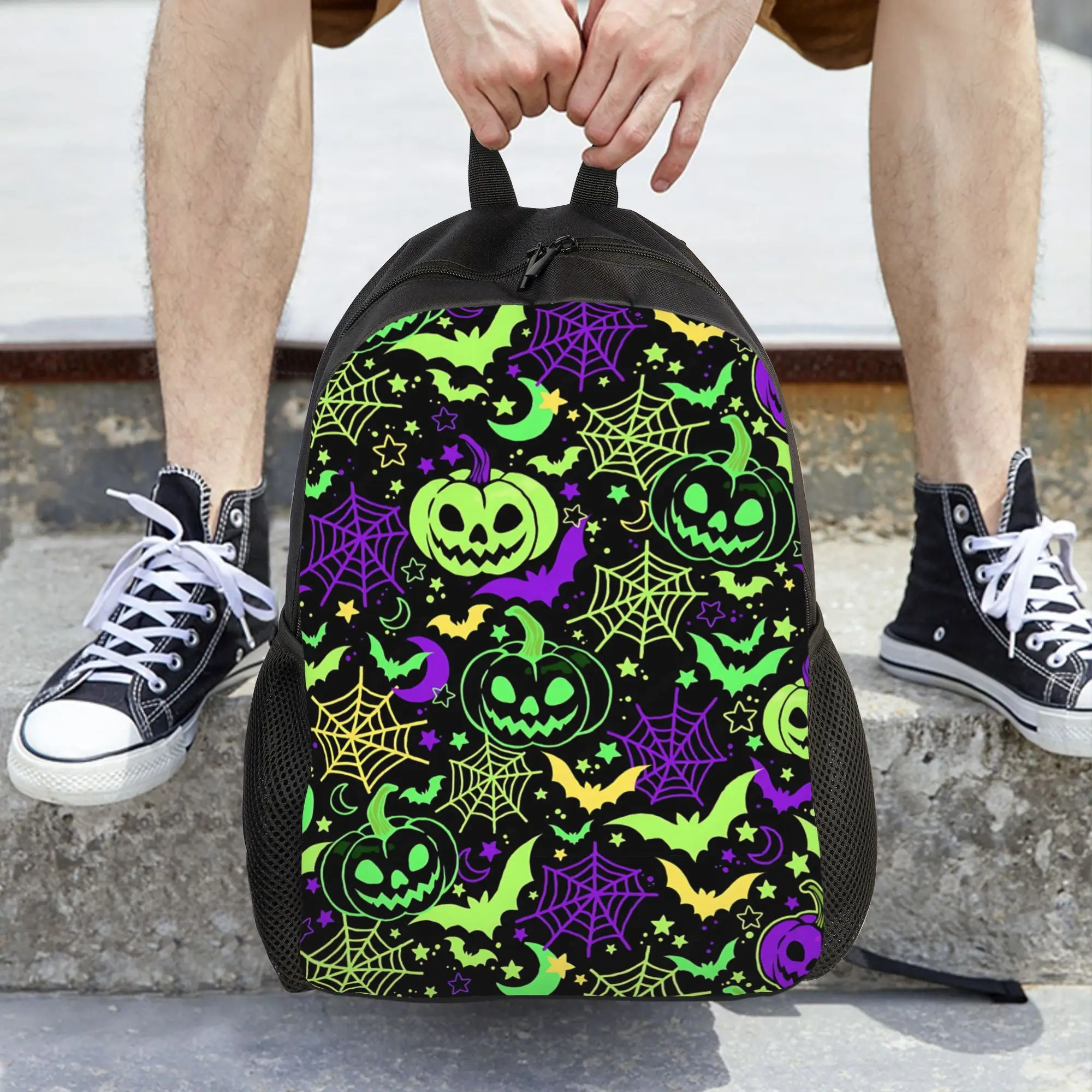 Fashion Halloween Print Pumpkin Spider Web Color Pattern Art Print backpack  mochila Versatile Work Sturdy Shoulder Rucksack