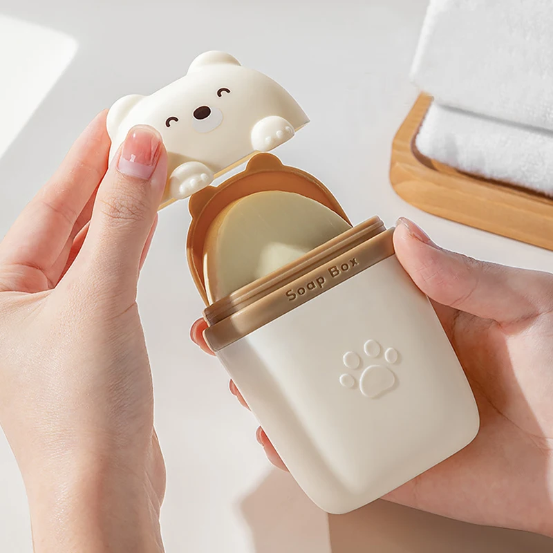

Portable Soap Container Box Travel Bathroom Soap Holder Cartoon Bear Dish Sealed Storage Box Home Bathroom Dishes Accessories