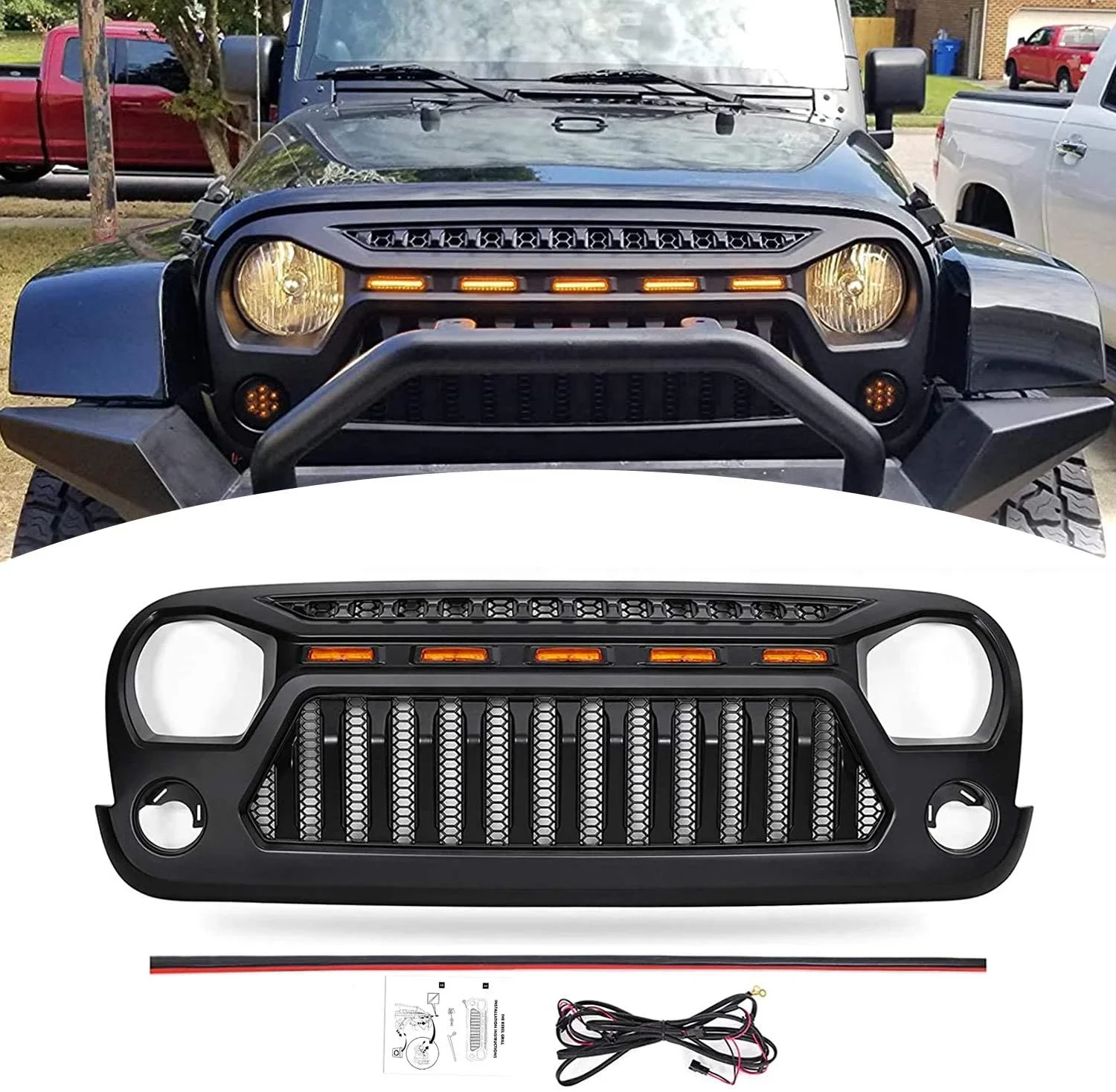 Grill for Jeep Wrangler JK Accessories 2007-2018 Matte Black Angry Face Grill with 5 Amber Lights for Jeep Rubicon Sahara Sport