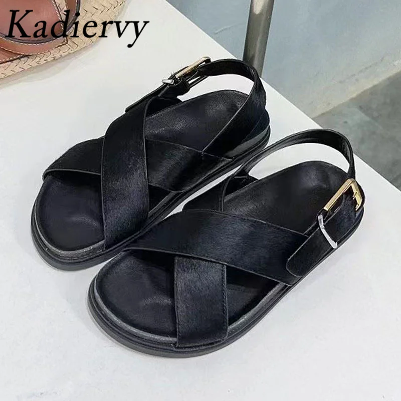 

Summer Flat Sandals For Women Genuine Leather Cross Strap Casual Beach Shoes Thick Sole Roman Sandals Woman Sandalias Mujer