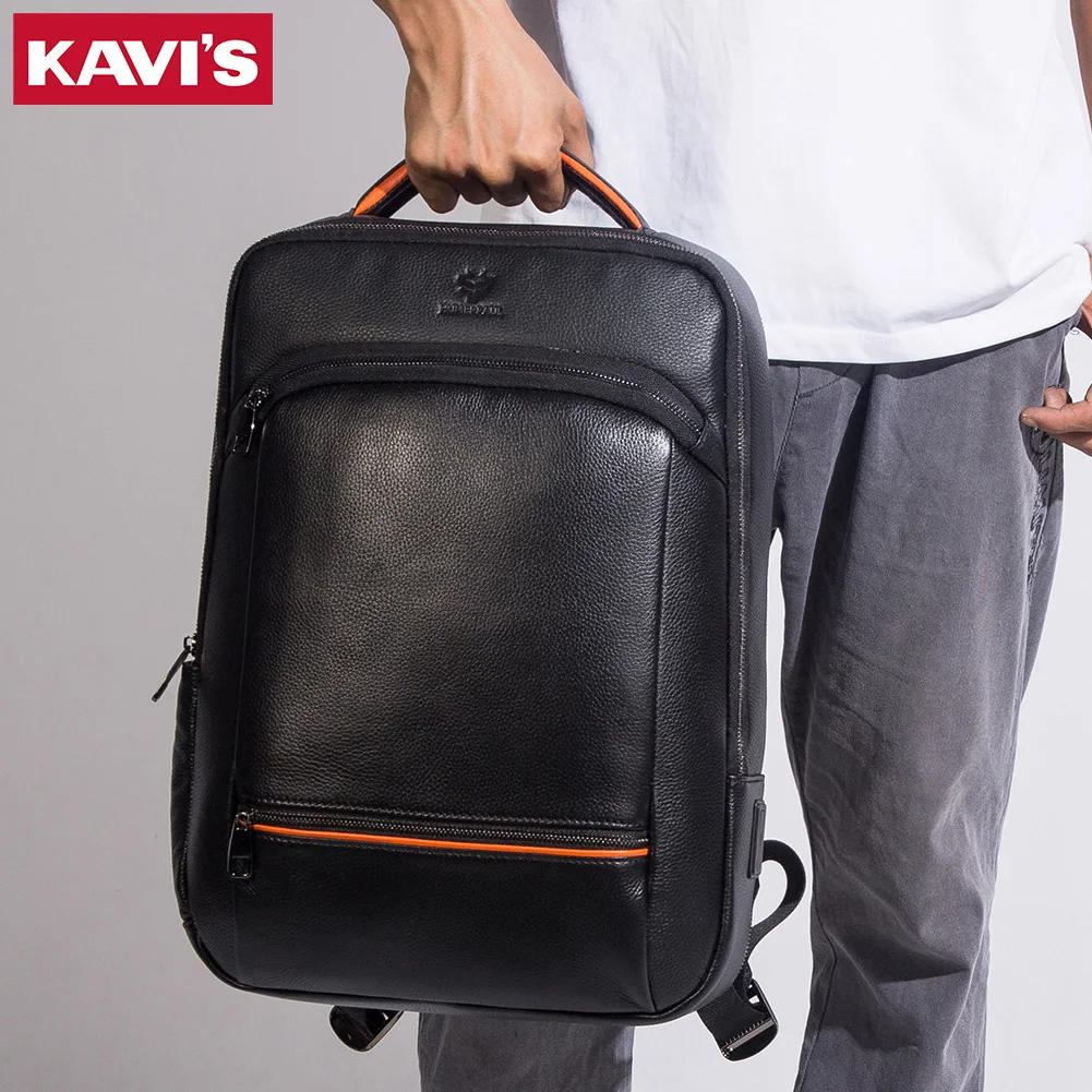 KAVIS 100% Genuine Leather For Men With USB Charging Port Large Capacity Backpack Durable Travel Multifunctional Laptop Rucksack